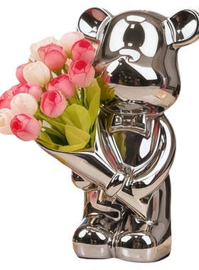 陶瓷捧花暴力熊装家居饰品摆件