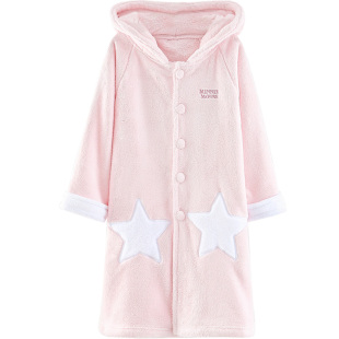 迪士尼男女童连帽家睡袍居秋冬三枪内衣中大童长款珊瑚绒吸湿浴袍