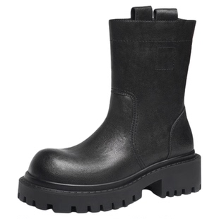 红蜻蜓厚底短靴女2025冬季新款女鞋靴子中筒女靴英伦风黑色烟筒靴