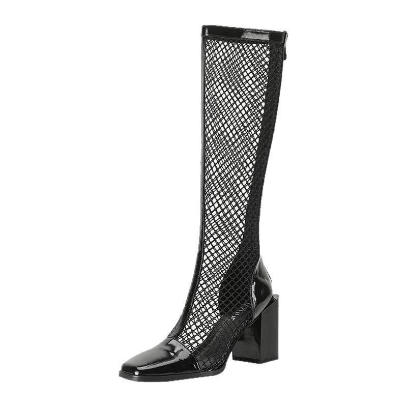 奇尔怡方头时尚气质白色网靴2026春季新款粗跟高跟夏天薄款靴子女