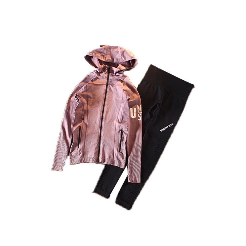 健身服套装女连帽瑜伽服紧身弹力