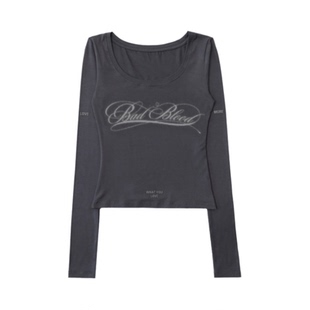 韩潮badblood美式辣妹风宽领长袖字母印花T恤百搭修身打底衫上衣