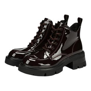 Hongkee/红科短靴2025新款粗跟中跟亮面马丁靴冬季单靴HA85M422