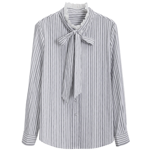 达佳诗蝴蝶结条纹衬衫女春秋新款上衣职场通勤长袖类似拼接衬衣