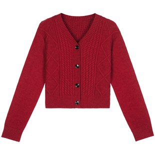 【清仓特价】定染花线浆果红色针织衫女短款开衫慵懒风毛衣外套