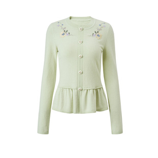 MAXRIENY复古柔焦花卉风针织衫开衫2026年春季绿色毛衣羊毛上衣