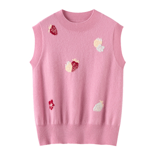 眉开眼笑~秋冬新款山羊绒针织马甲女圆领无袖刺绣保暖坎肩潮