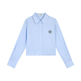 pusumede 悸动代码 刺绣蓝色条纹衬衫女设计感衬衣叠穿长袖上衣