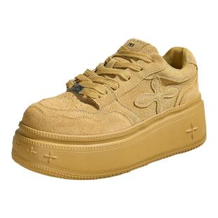 黄色松糕厚底牛反绒板鞋女2025春季新款增高真皮休闲鞋百搭小白鞋