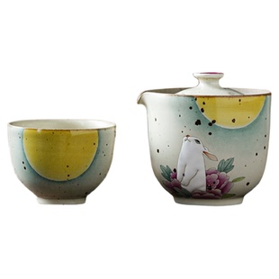 景德镇手工手绘可爱兔子旅行茶具套装古朴粗陶便携式手抓壶泡茶壶