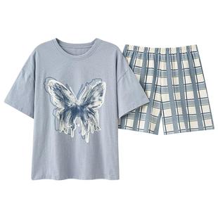 可人儿夏季情侣纯棉睡衣休闲圆领套头运动短袖短裤男女家居服套装