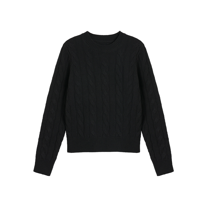 Maven Lin 立体绞花100羊毛针织上衣女秋冬新款宽松麻花圆领毛衣