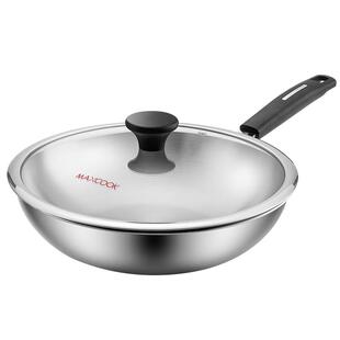 美厨316不锈钢炒锅无涂层平底锅煎炒炸炖带盖子电磁炉燃气电陶炉