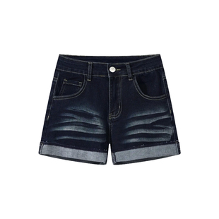 深蓝色牛仔短裤女夏季薄款大码胖mm显瘦梨形身材弹力高腰a字热裤