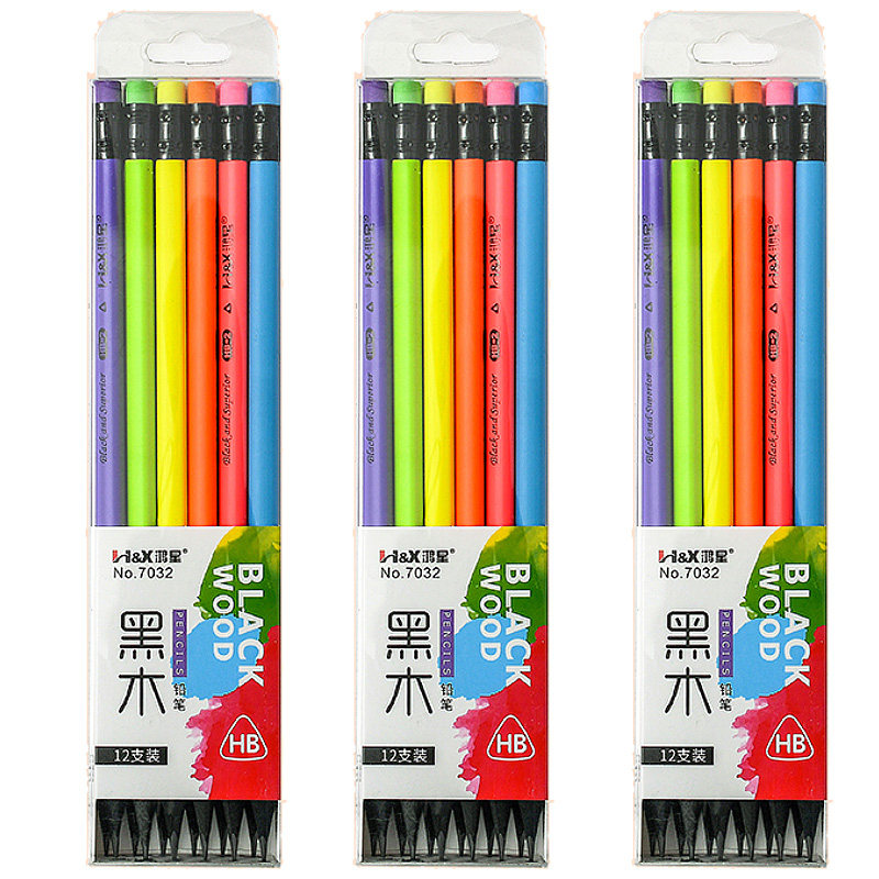 鸿星小学生黑木铅笔HB作业练字三角木杆铅笔12支装带橡皮头六角形
