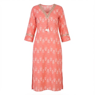 印度服饰进口薄款传统民族风棉印花V领中长款新款橘色七分袖上衣