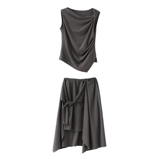 popchrio◆扭结设计感荡领针织小背心不规则高腰半身短裙子套装