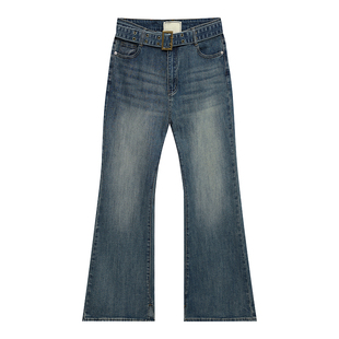 橘子树在哪儿配腰带弹力微喇牛仔裤女秋复古高腰显瘦设计感喇叭裤