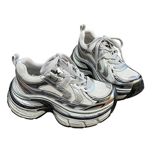 老爹鞋女款2026新款9821今年流行爆款厚底增高银色女鞋超火运动鞋