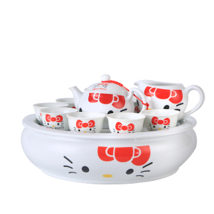 潮汕功夫茶具套装 kt猫陶瓷可爱卡通家用简约圆形茶盘茶杯幼儿园