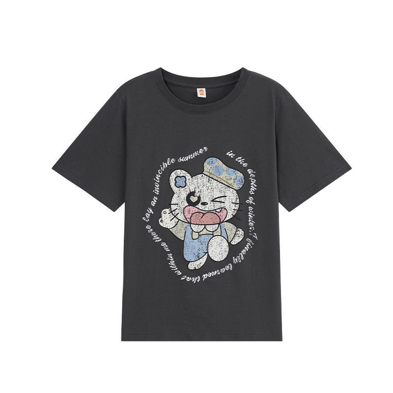 YUZI鱼子圆领T恤印花大码女装百搭夏季微胖mm显瘦遮肉街头学院