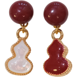 《东方红韵》新年红色葫芦撞色独特白贝母耳钉耳夹耳饰耳环无耳洞