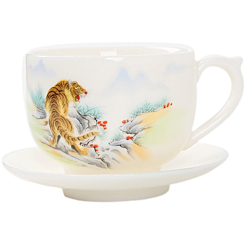 瓷十二德化羊脂玉品茗带把花茶杯