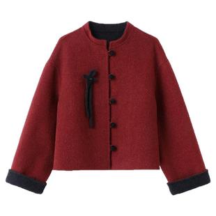 双面羊绒大衣短款喜庆2024冬季黑红新中式双面呢子毛呢外套短上衣
