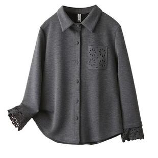 胖妹妹2026冬装女装中年大码衬衣翻领加绒加厚拼接花边镂空女衬衫