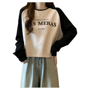 小个子短款撞色插肩袖无帽卫衣女春秋薄款宽松韩版潮牌长袖上衣服