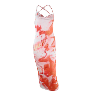 欧美风女装时尚流行扎染印花性感露背绑带长款度假街头吊带连衣裙