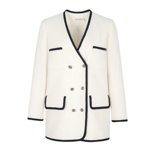 郁香菲小香风外套女气质通勤秋季时尚撞色织带V字领单排扣上衣