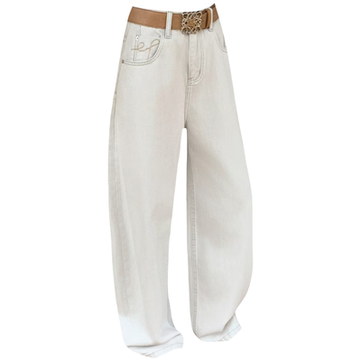 春宽松显瘦米白女牛仔阔腿弯刀裤