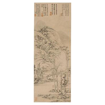 文徵明古木山水风景字书挂轴国画