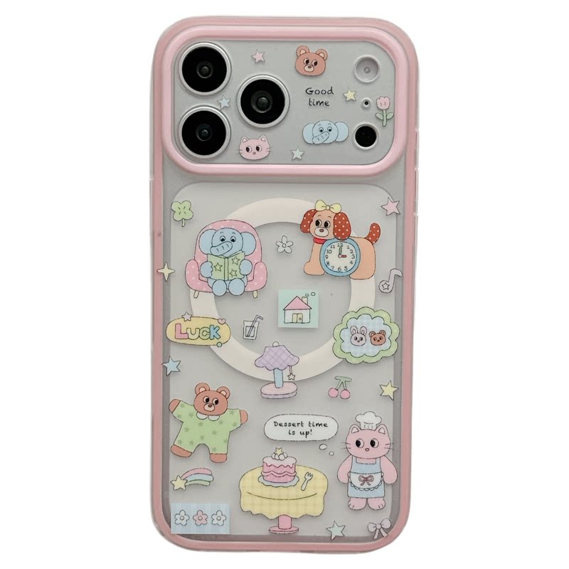 MoreRex童趣可爱格纹睡衣小熊磁吸支架适用苹果18手机壳iphone17promax新款18pro全包15防摔保护套14二合一16