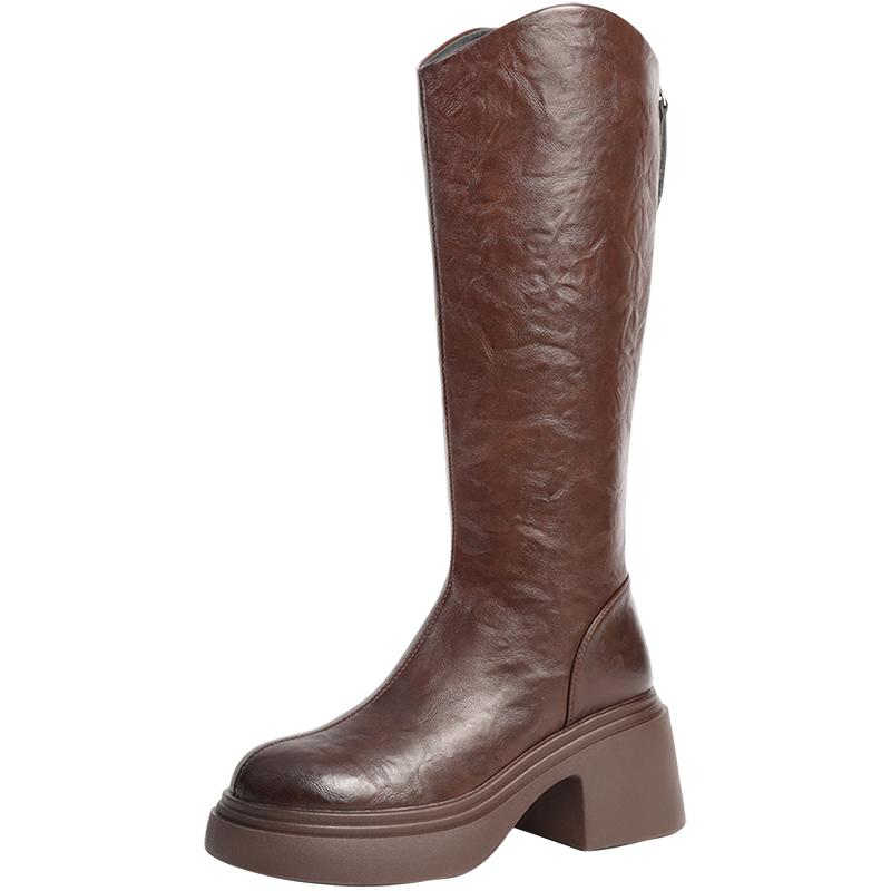 百丽女靴子棕显瘦弹力靴新款长筒靴冬季厚底高长靴B2364DG4