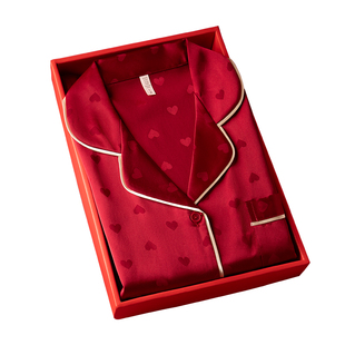 上海故事喜庆大红爱心提花冰丝睡衣结婚新婚情侣套装送新人礼盒装