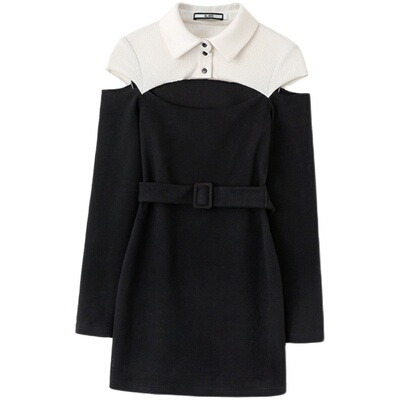 韩雨嘉撞色拼接腰带连衣裙