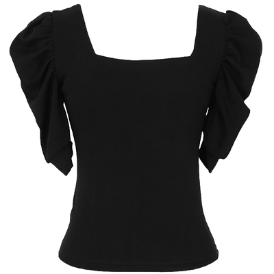 方领黑色上衣纯棉女法式短袖露背