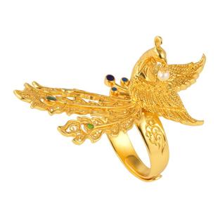 凤回首纯银戒指非遗花丝镂空珐琅珍珠凤凰国风新中式鎏金纯银指环