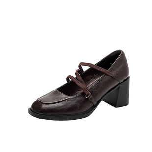 羊皮版~复古交叉扣带玛丽珍鞋女2025新款粗跟方头通勤单鞋配裙子