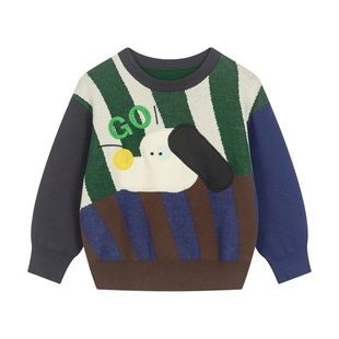 马拉丁儿童毛衣25冬装新款男女童小童贴布绣提花撞色圆领毛衣