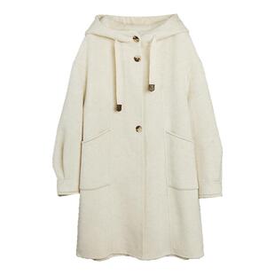 ELLE骆驼绒绵羊毛连帽长款双面呢大衣女2025冬新款高级感毛呢外套