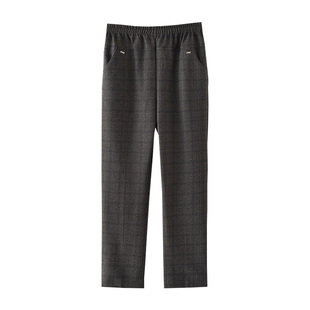 妈妈装格子贴标字母休闲裤中老年女装小脚裤春秋季奶奶单裤长裤子