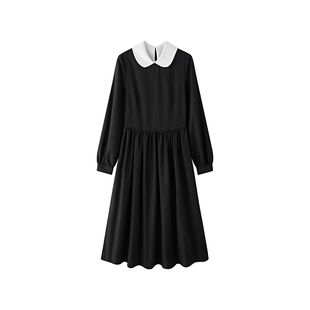 Into Fiction 40%可机洗羊毛可拆卸假领法式长袖宽松小黑裙连衣裙