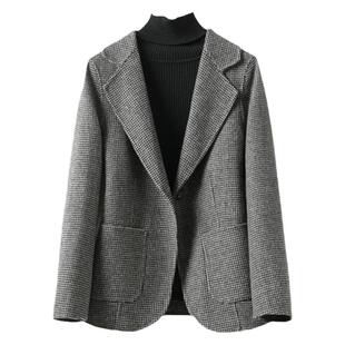小西装女外套短款修身一粒扣格子气质2025新款高档毛呢西服小个子