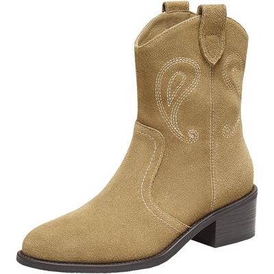 TATA他她靴子女2025冬复古西部靴厚底时装靴粗跟短筒靴UVW01DZ5