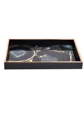 现代简约黑金边玛瑙石纹托盘摆件