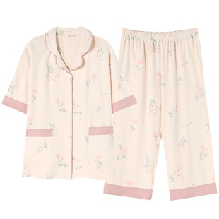 浪莎短袖七分裤睡衣女夏季纯棉2026年新款甜美开衫高级家居服套装