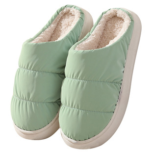 防水厚底棉拖鞋羽绒布面简约保暖可外穿男士大码加绒半包跟秋冬季